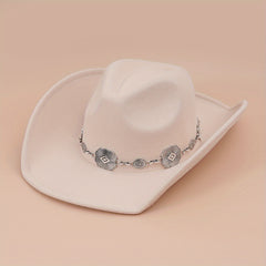 Western Cowboy Hat Silvery Iron Chain Decoration Wide Brim Sun Hat