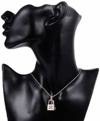 Women's Rose Gold Plated Lock and Key Zirconia Pendant Necklace
