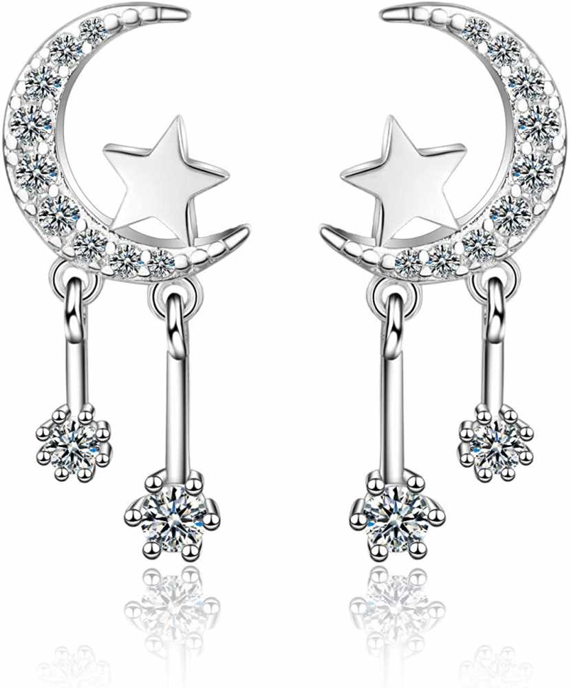 Women's Moon And Star Double Drop Crystal Stud Earrings