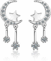Women's Moon And Star Double Drop Crystal Stud Earrings