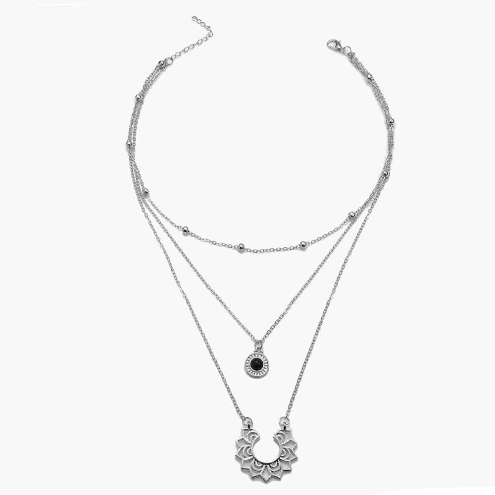 Women's Bohemian Layered Necklace With Baroque Flower Pendant
