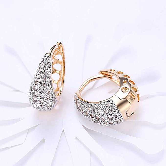 Women's Gold Plated Zirconia Paved Filigree Back Hoop Earring