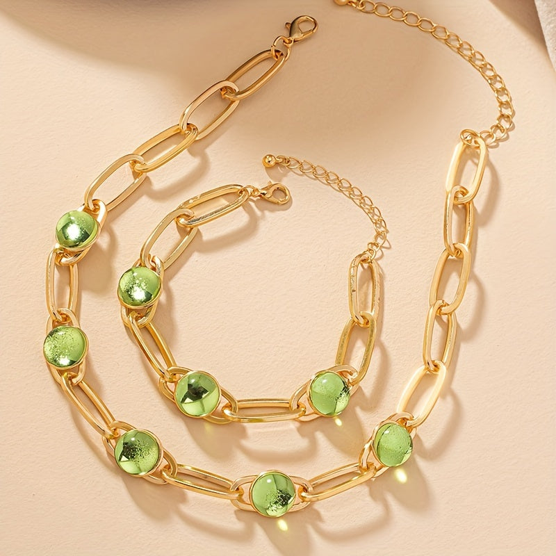 14k Gold Plated Necklace and Bracelet Set with Inlaid Green Waterish Glass