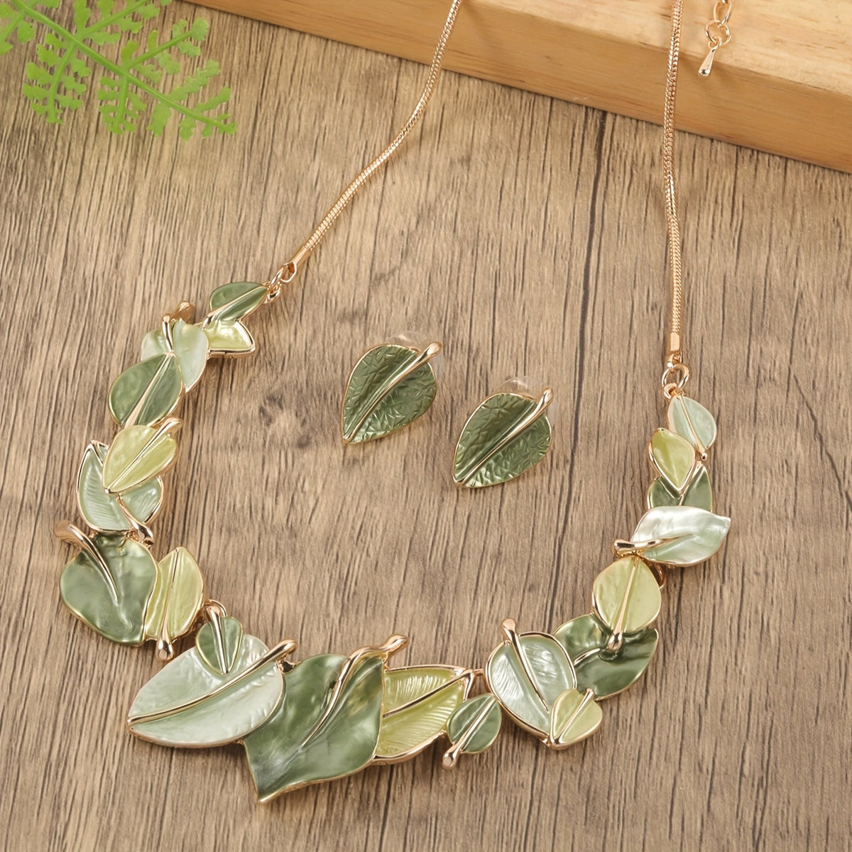 Leaf Shaped Earrings and Necklace Set Olive Green Jewelry for Gifts, Weddings, and Daily Wear