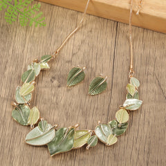 Leaf Shaped Earrings and Necklace Set Olive Green Jewelry for Gifts, Weddings, and Daily Wear