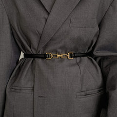 Vintage Double Buckle Skinny Thin Belt Classic PU Leather Waistband for Women