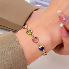 Women's Gold Plated Colourful Heart Link Chain Zirconia Adjustable Bracelet