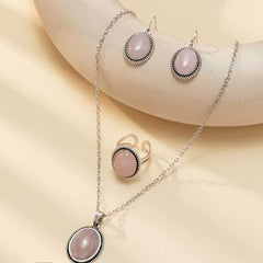 Boho Style Silver Plated Jewelry Set with Necklace, Earrings, Bangle, and Ring Inlaid with Pink Natural Stone