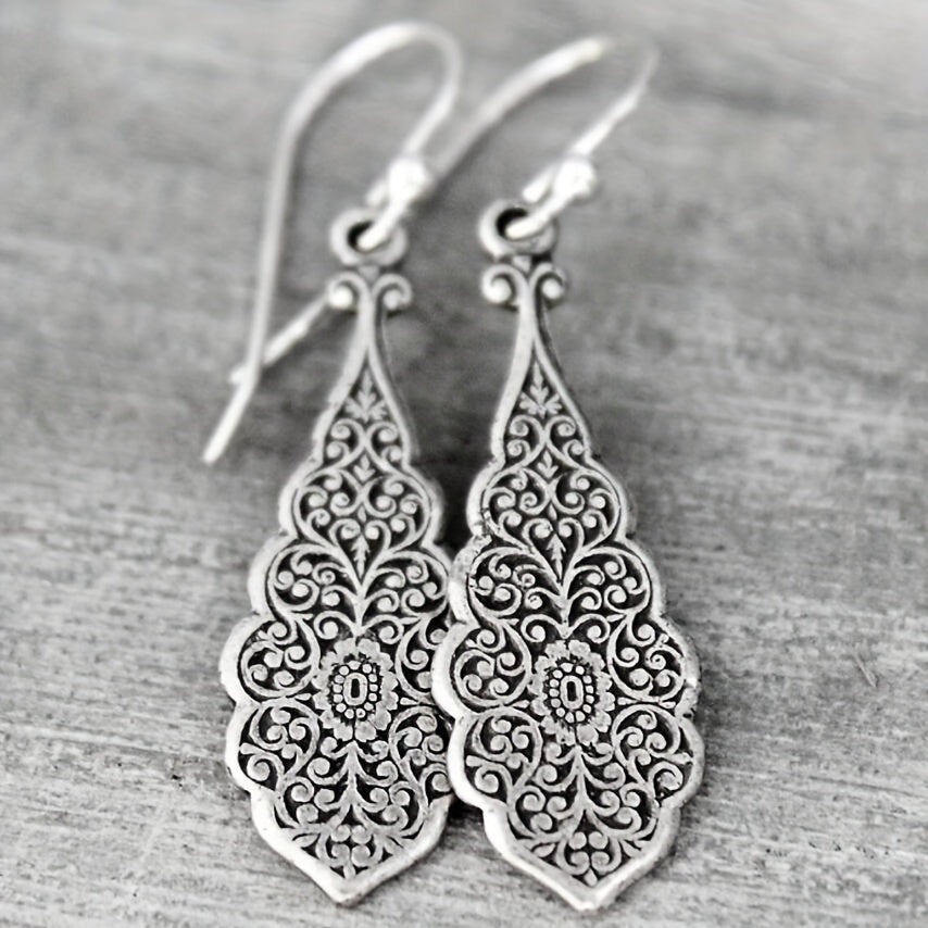 Women's Silver Oxidized Flower Carved Pattern Hook Earrings