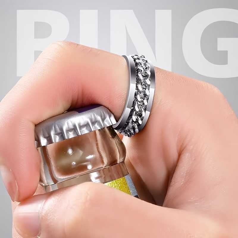 Unisex Silver Plated Fidget Spin Ring With Inlay Chain
