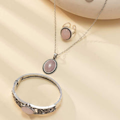 Boho Style Silver Plated Jewelry Set with Necklace, Earrings, Bangle, and Ring Inlaid with Pink Natural Stone
