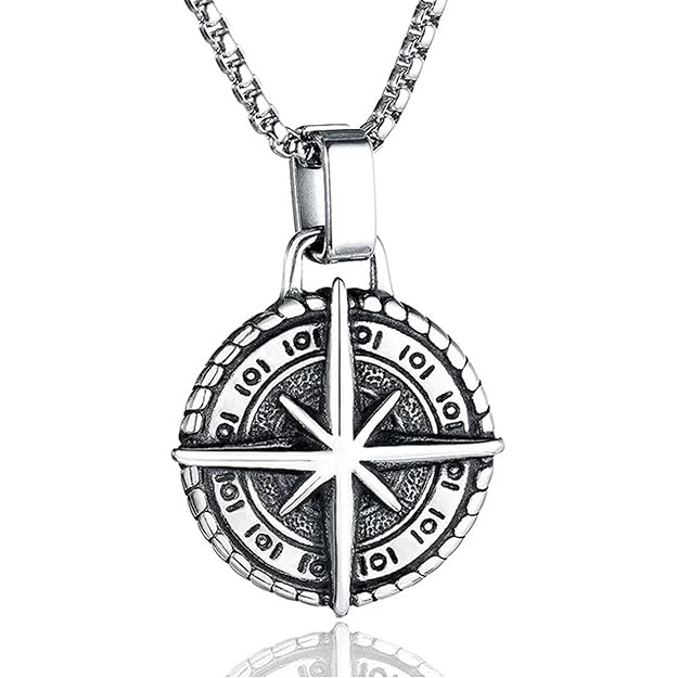 Men's Stainless Steel Compass Cross Pendant Necklace With Coin Design