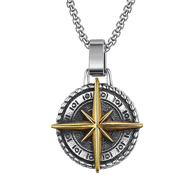 Men's Stainless Steel Compass Cross Pendant Necklace With Coin Design