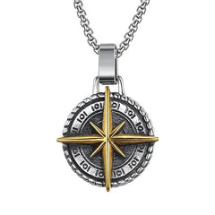 Men's Stainless Steel Compass Cross Pendant Necklace With Coin Design