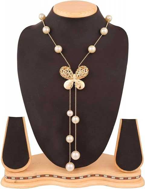 Women's Dual Tone Design Pearl Butterfly Pendant Chain