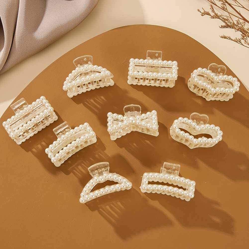 Set of 9 elegant faux pearl hair claws with non slip grip, Stylish Hair Accessory for Women