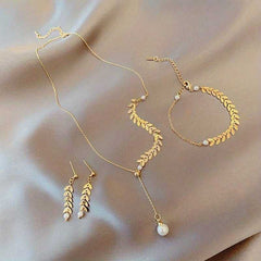 Women's Gold Plated Leaf Pattern Pearl Dropped Jewelry Set