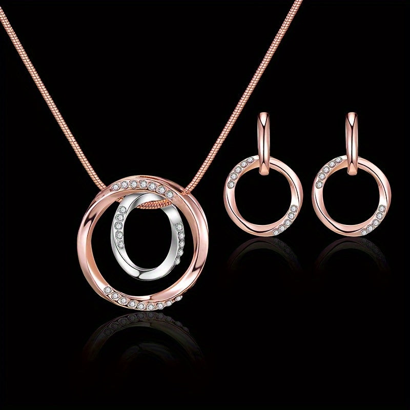 Simple Circle Jewelry Set with Rhinestones Pendant Necklace & Earrings