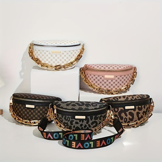 Y2K Leopard Crossbody Fanny Pack Chain Decor Chest Purse