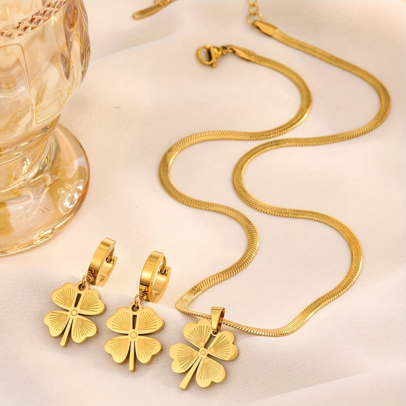 Luxury Clover Jewelry Set for Women Golden Plated Necklace & Earrings