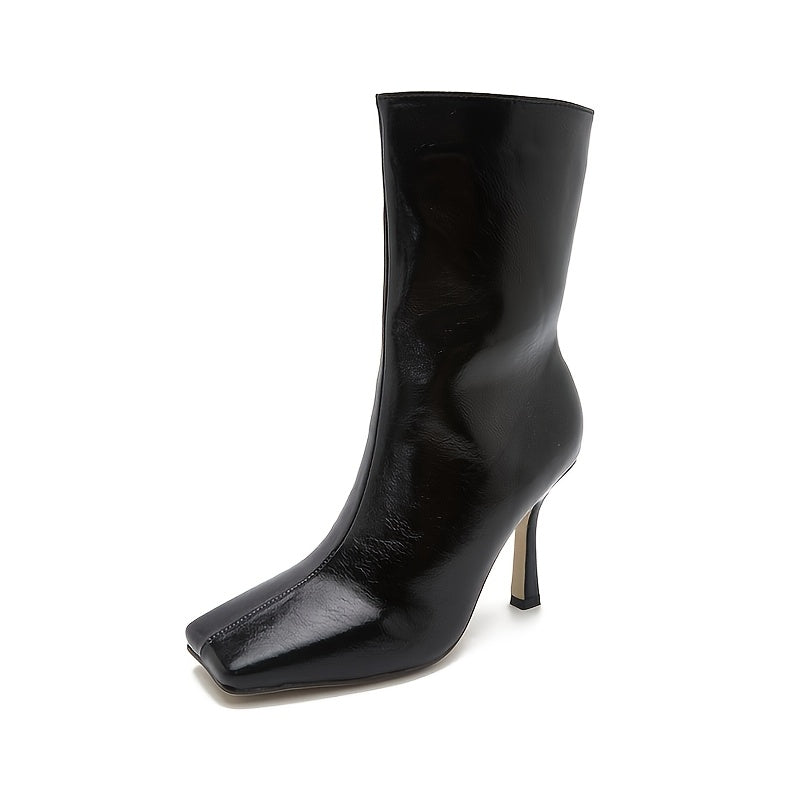 Stiletto Heel Mid Calf Boots Square Toe PU Leather High Heel Booties