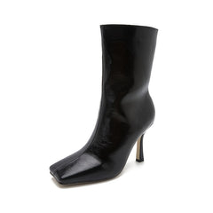 Stiletto Heel Mid Calf Boots Square Toe PU Leather High Heel Booties