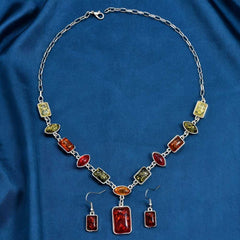 Vintage Style Faux Amber Geometric Square Necklace and Earrings Set
