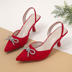 Rhinestone Bow Stiletto Sandals Satin Slingback High Heels