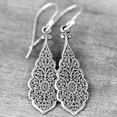 Women's Silver Oxidized Flower Carved Pattern Hook Earrings