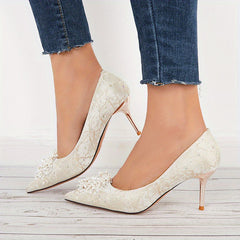 Pointed Toe High Heels Faux Pearl Print Stiletto Heels