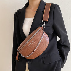 Crocodile Embossed Chest Bag Chain Decor Crossbody Bag