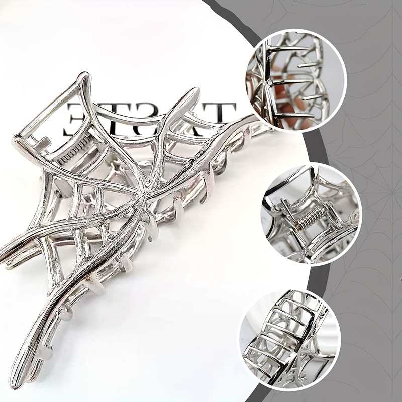 Silvery hollow spiderweb style Halloween hair claw clip with strong grip