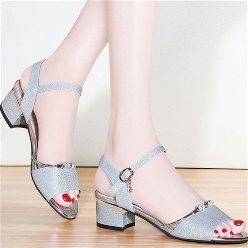 Glitter Sequins Block Heel Sandals Peep Toe Rhinestone Buckle Strap Low Heels