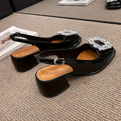 Women's Chunky Heel Sandals with Rhinestone Decor