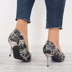 Pointed Toe High Heels Faux Pearl Print Stiletto Heels