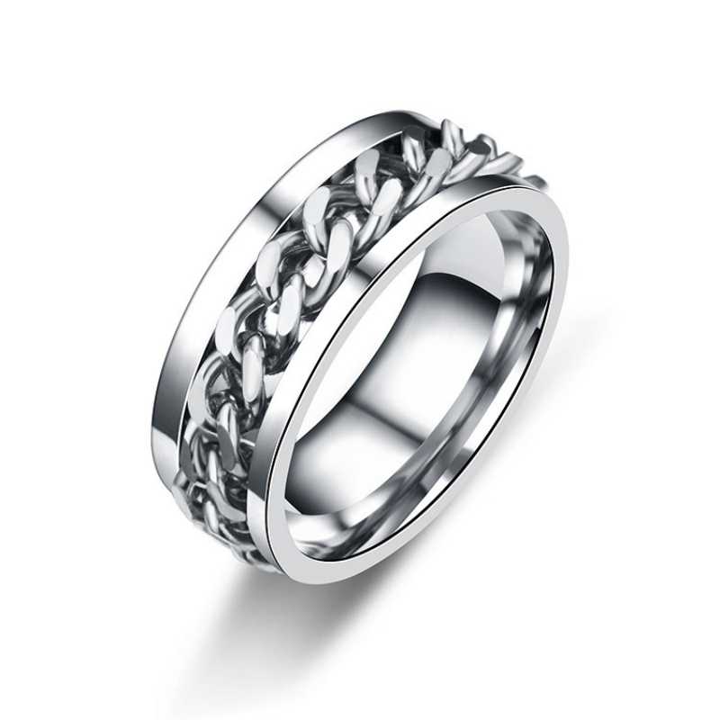 Unisex Silver Plated Fidget Spin Ring With Inlay Chain