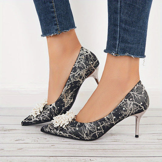 Pointed Toe High Heels Faux Pearl Print Stiletto Heels
