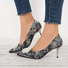 Pointed Toe High Heels Faux Pearl Print Stiletto Heels