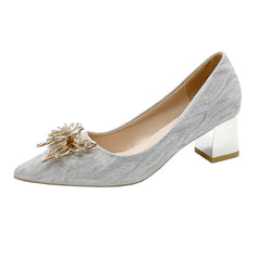 Rhinestone Block Heel Pointed Pumps Glitter Shoes