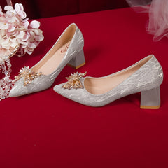 Rhinestone Block Heel Pointed Pumps Glitter Shoes
