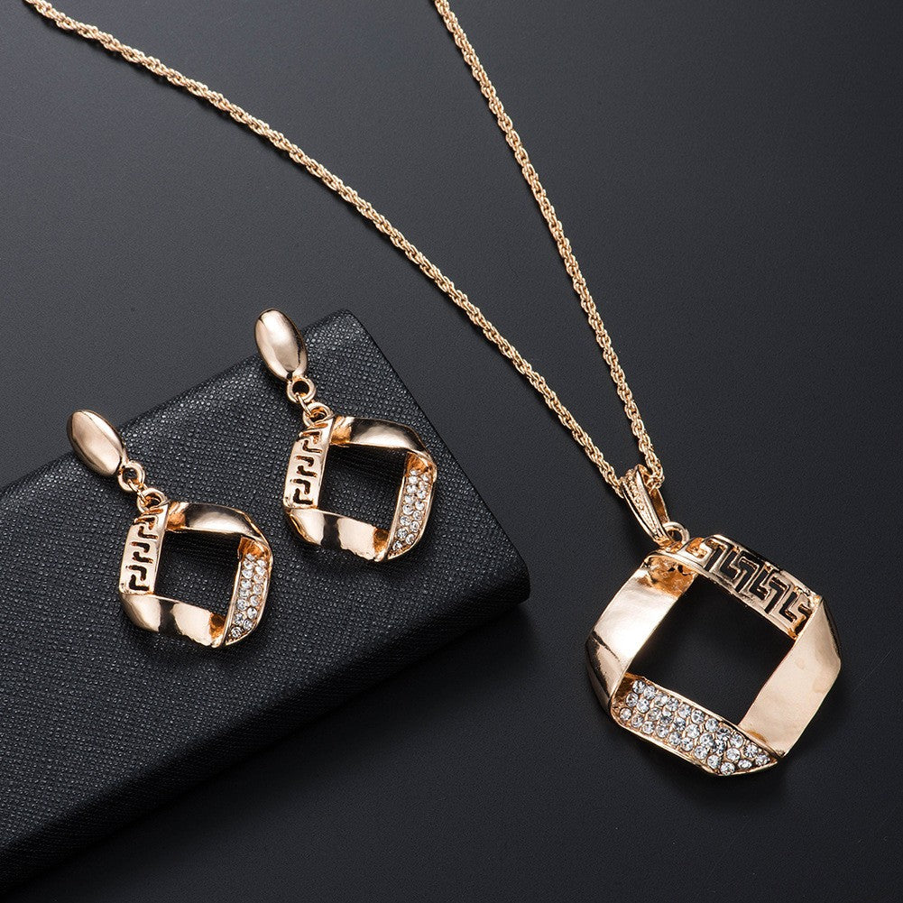 Fashionable Square Pendant Necklace & Earrings Set with Zirconia
