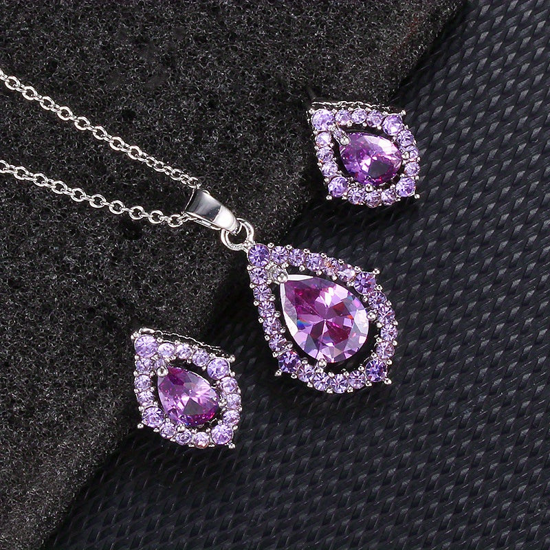 Amethyst Water Drop Zirconia Pendant Necklace and Earrings Set Silver