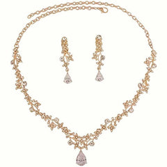 Gold Plated Floral Necklace and Earrings Set with Cubic Zirconia Accents