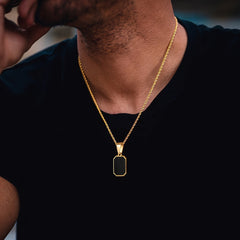 Men's Gold Plated Emerald Cut Onyx Pendant With Rope Chain