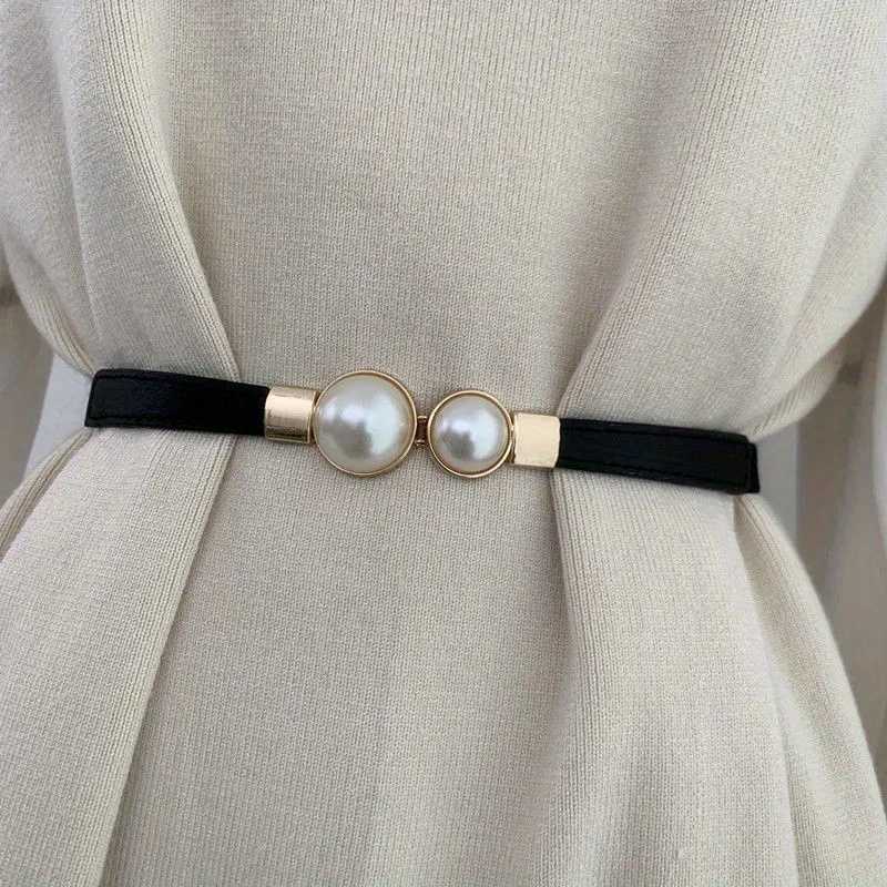 Luxurious Faux Pearl Thin Belt with an Adjustable Elastic Waistband