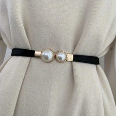 Luxurious Faux Pearl Thin Belt with an Adjustable Elastic Waistband
