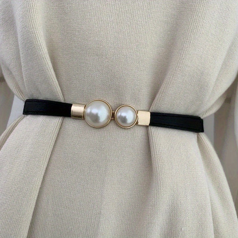 Luxurious Faux Pearl Thin Belt with an Adjustable Elastic Waistband
