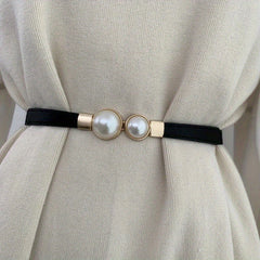 Luxurious Faux Pearl Thin Belt with an Adjustable Elastic Waistband