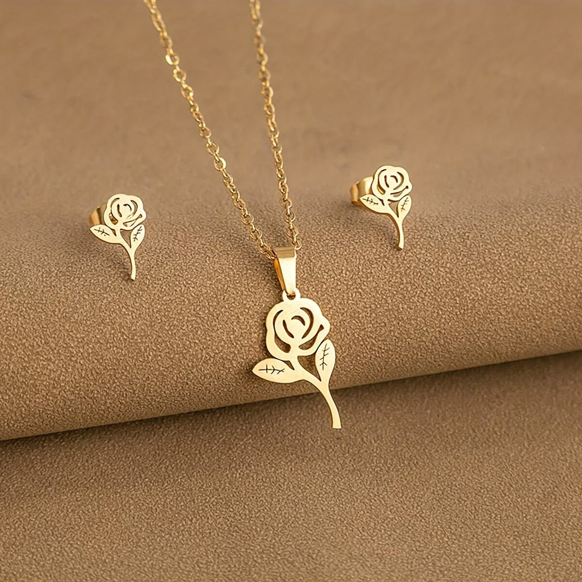 Women's  Gold Plated Rose Flower Necklace and Earrings Set