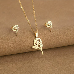 Women's  Gold Plated Rose Flower Necklace and Earrings Set